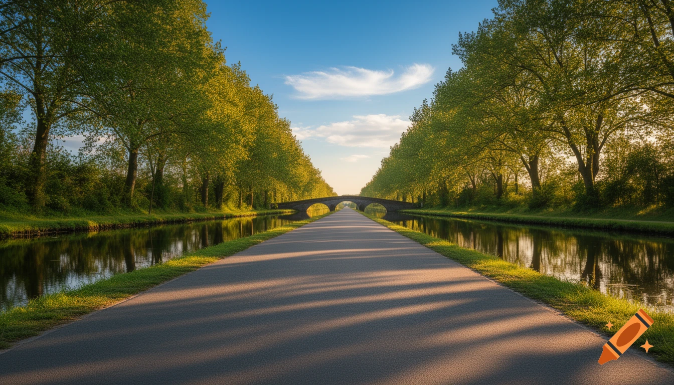 A long paved road stretches between a tranquil canal and rows of lush green trees, leading to a stone arch bridge under a bright blue sky.