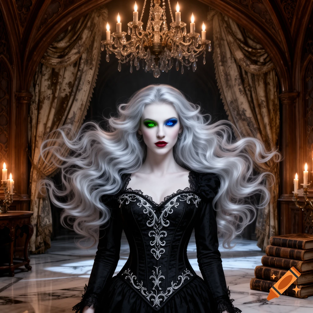 A photorealistic portrait of a gothic woman with long white hair, green and blue eyes, and a black ornate dress, standing in a grand, dark room.