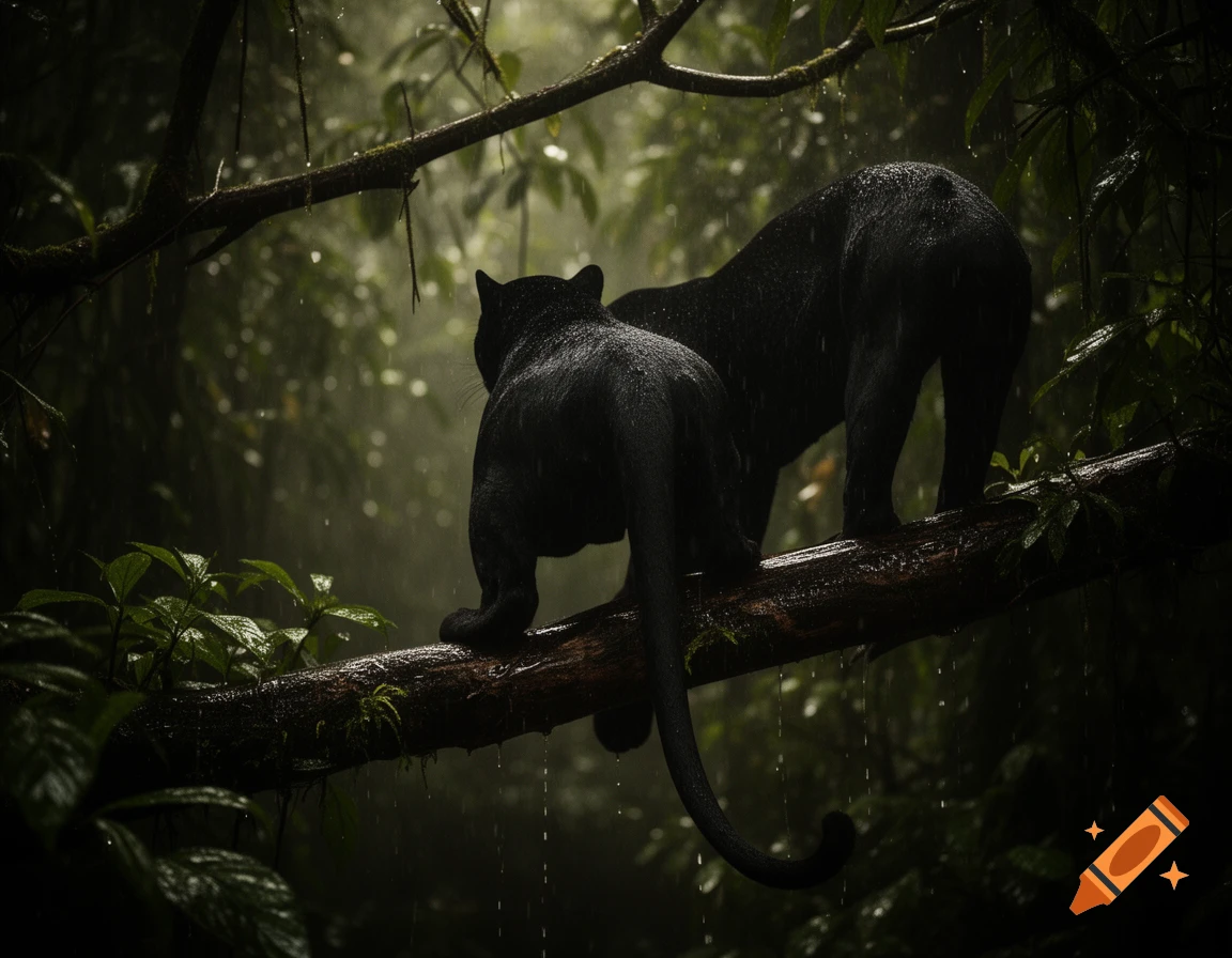 Two black panthers on a wet tree branch in a dark, misty rainforest, seen from behind with water dripping.