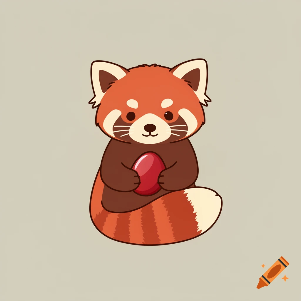 A cute, stylized cartoon red panda sits holding a shiny red oval stone on a plain grey background.