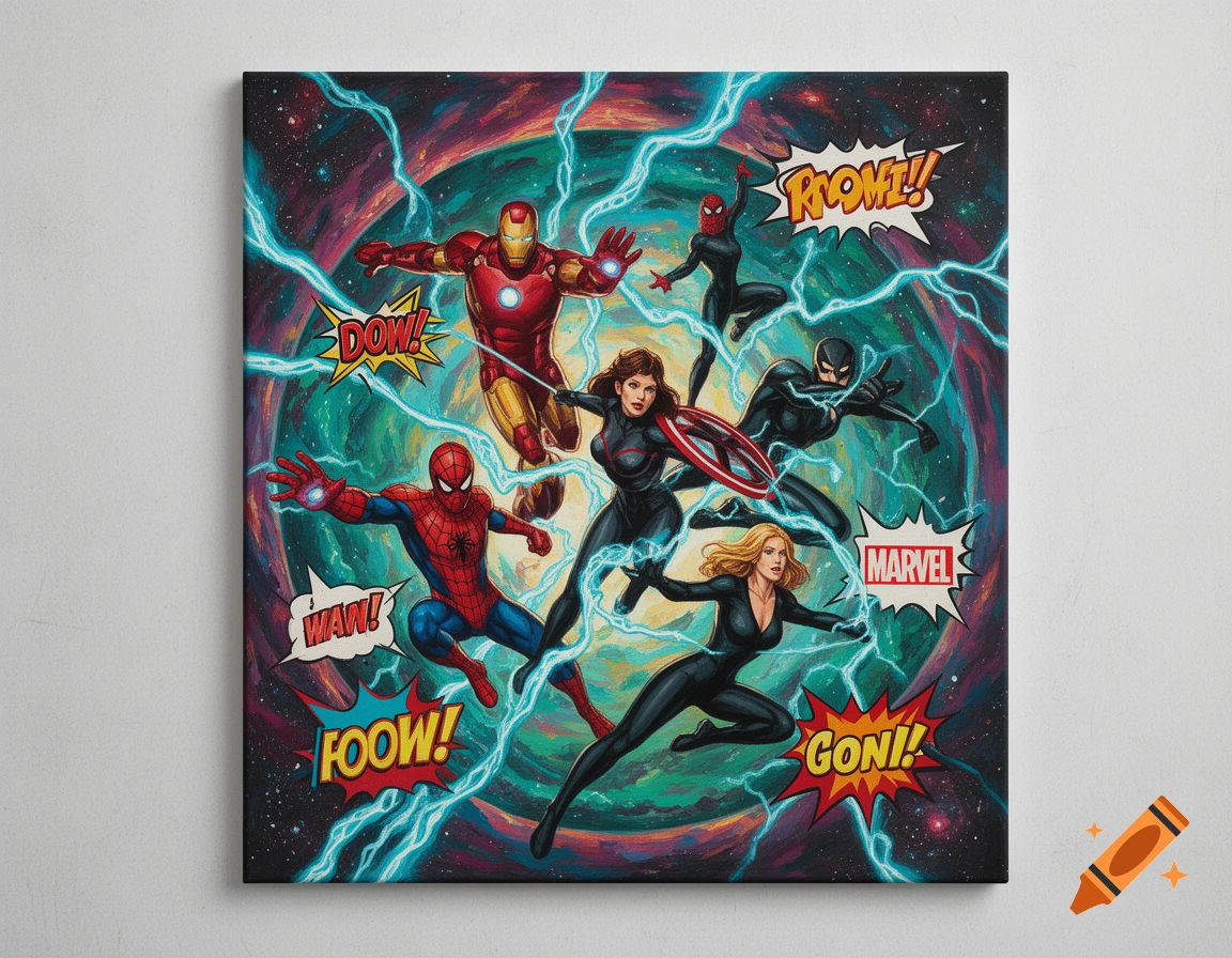 A vibrant comic book style painting on canvas featuring Iron Man, Spider-Man, Black Widow, and other superheroes amidst lightning and cosmic swirls, with comic sound effects.