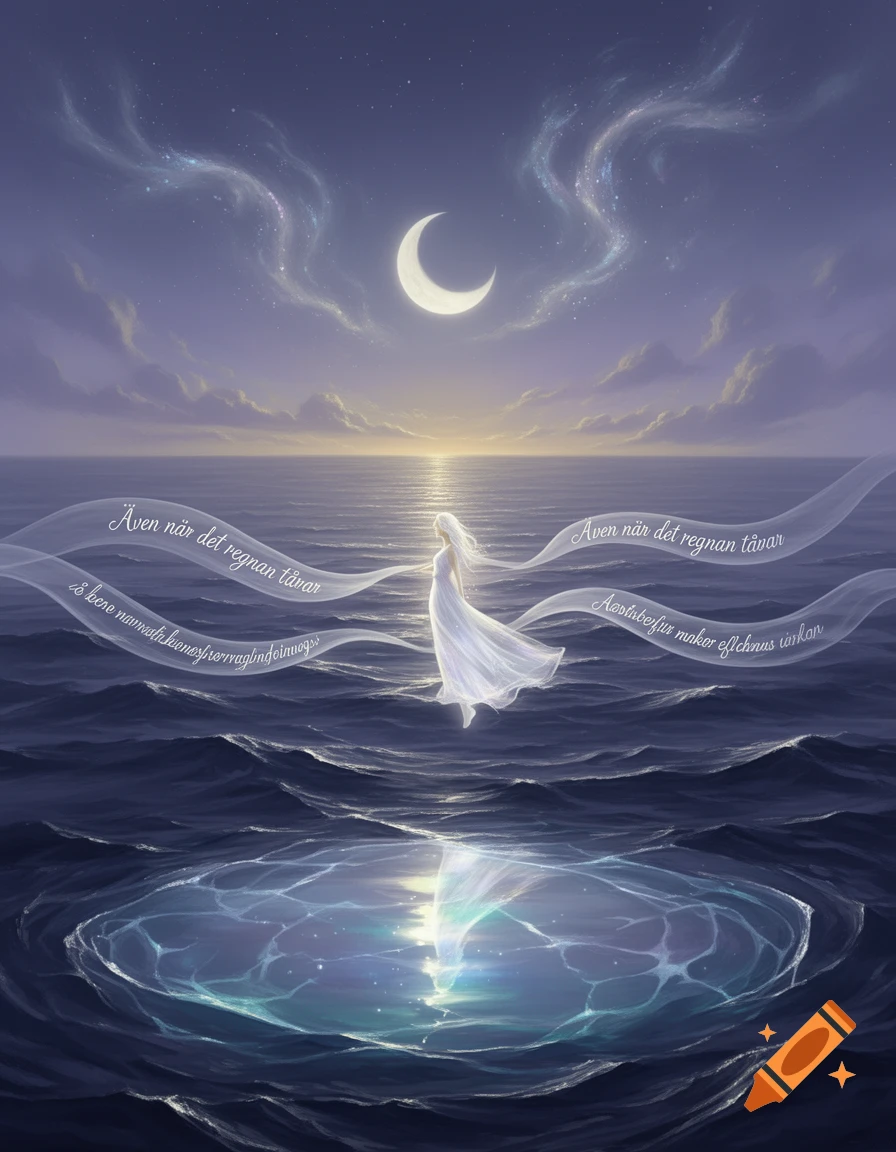 An ethereal woman in a flowing white dress floats above a dark ocean under a crescent moon and starry sky, with glowing ribbons containing text around her.