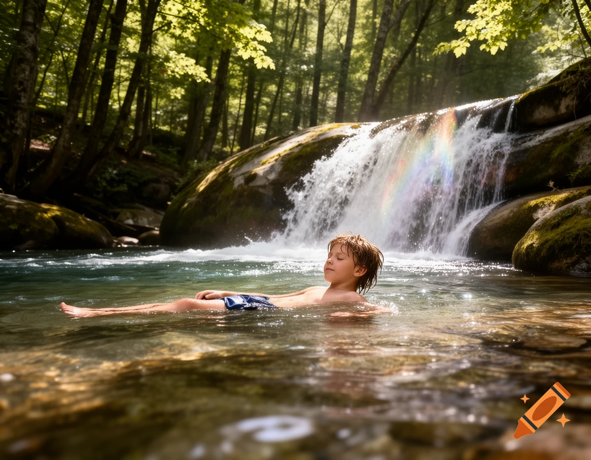 A young boy floats on his back in a clear river with a waterfall and lush forest in the background, sunlight filtering through trees.
