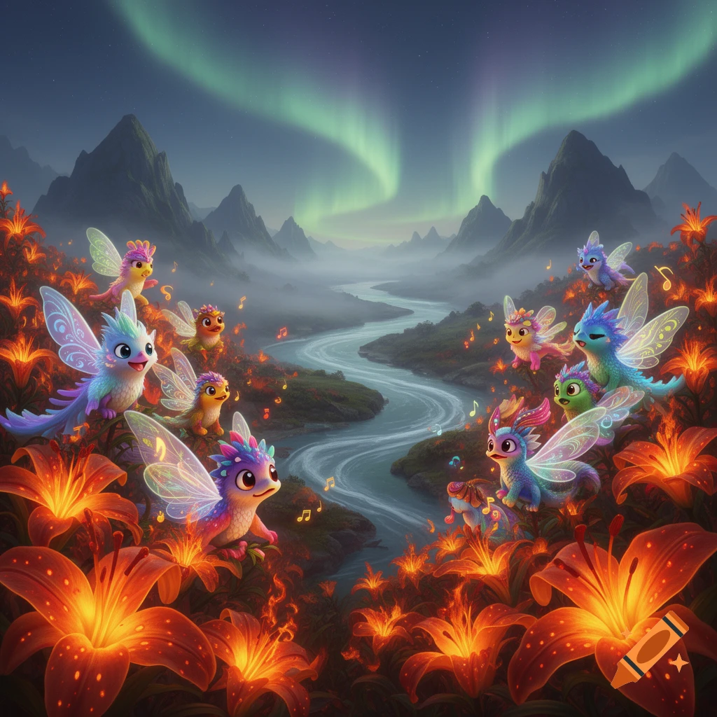 Colorful, winged 'Singsing Monsters' frolic among glowing orange flowers in a magical valley with a winding river, mountains, and the Northern Lights.