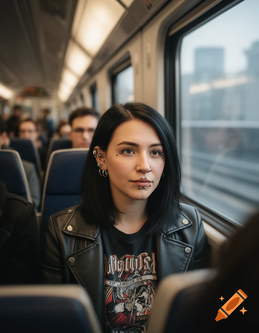 Photorealistic portrait of a young woman with dark hair and many piercings in a leather jacket and band t-shirt, sitting on a train.