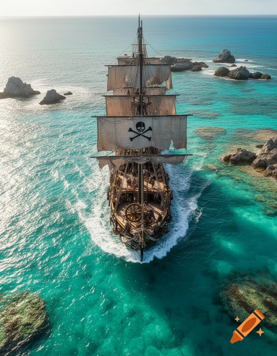 Aerial view of a pirate ship with skull and crossbones sails sailing through turquoise tropical waters with rocky islets.