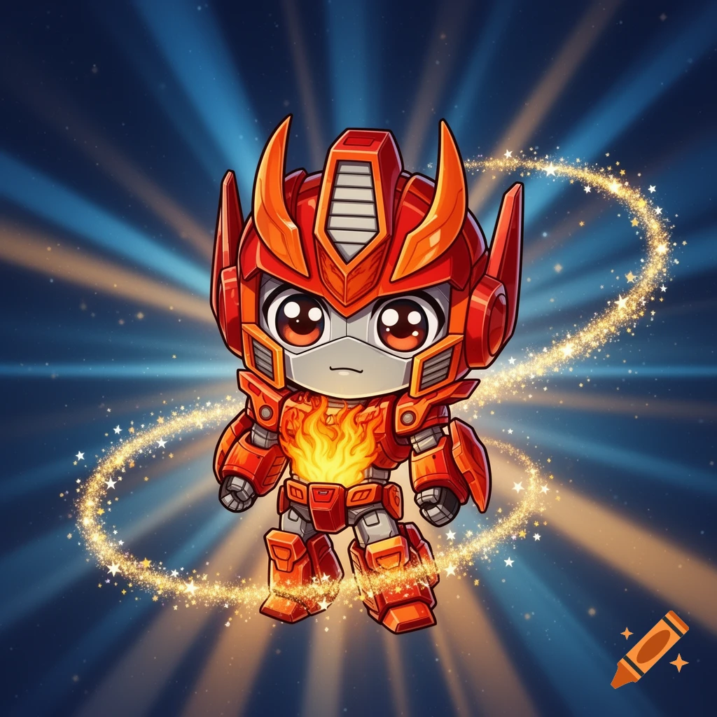 A cute chibi robot, Rodimus Prime, with a fiery chest and big eyes, surrounded by golden sparkles on a blue radiating background.
