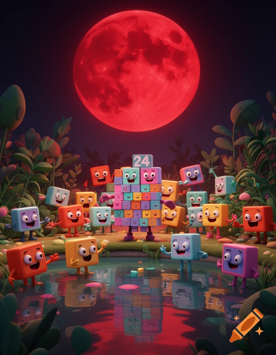 A group of colorful, cube-shaped cartoon characters, including a stacked character with "24", gather around a pond under a large red moon.