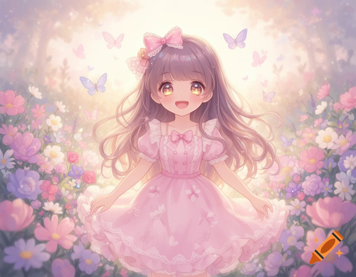 An adorable anime girl with long lavender hair and a pink dress smiles brightly in a field of colorful pastel flowers and butterflies.