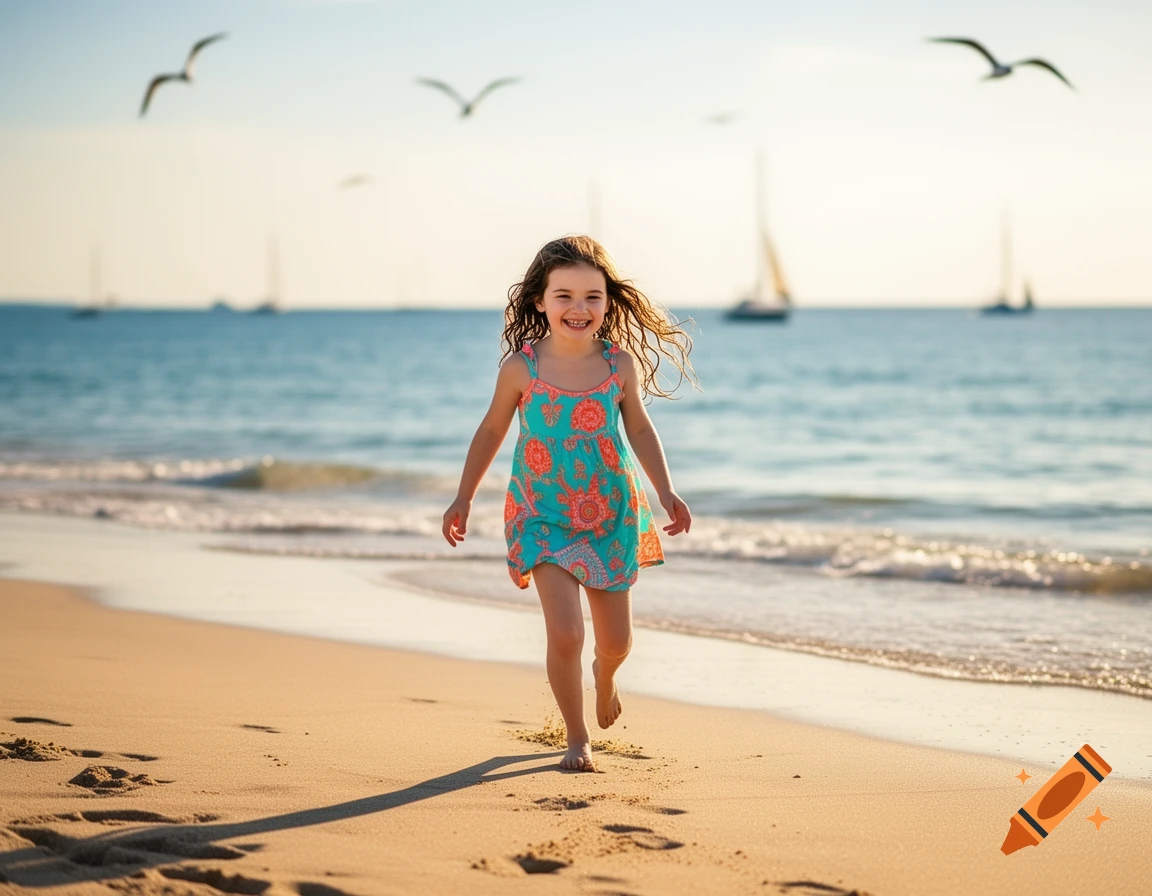 A smiling young girl runs on a sunny sandy beach with the ocean, sailboats, and birds in the background.