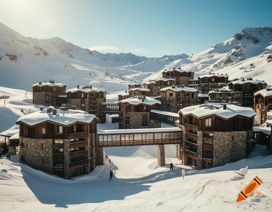 A high-altitude ski resort with numerous octagonal stone and timber buildings connected by bridges, set in a snowy alpine landscape under a sunny winter sky. Photorealistic.