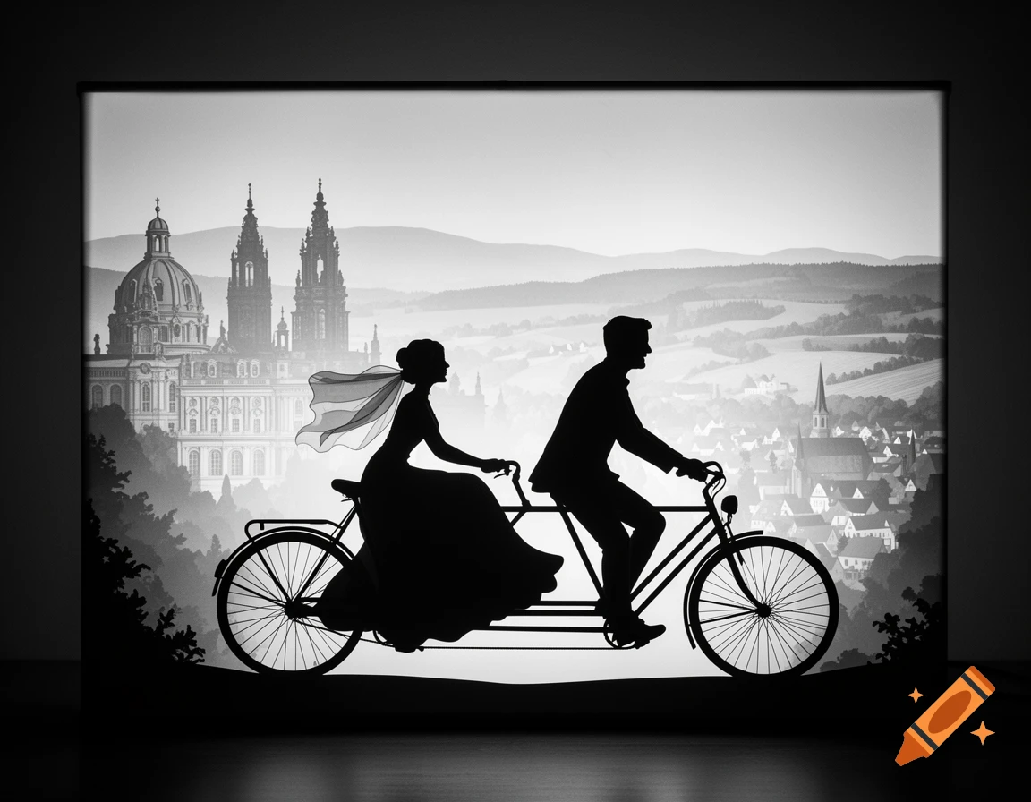 Black and white silhouette of a wedding couple riding a tandem bicycle in front of a European cityscape and rolling hills.