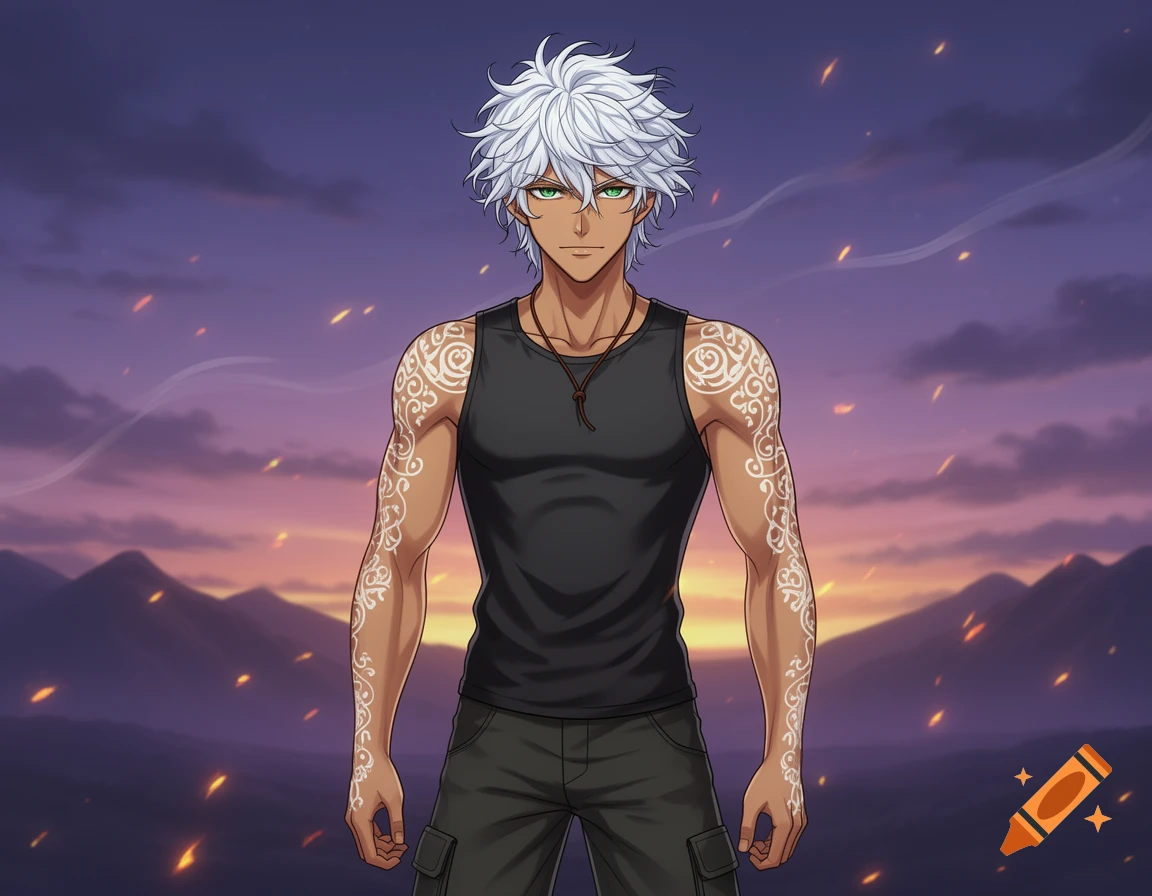 An anime human male with messy white hair, green eyes, tan skin, and intricate white scroll tattoos on his arms, wearing a black tank top and dark pants, stands against a twilight mountain landscape with glowing embers.
