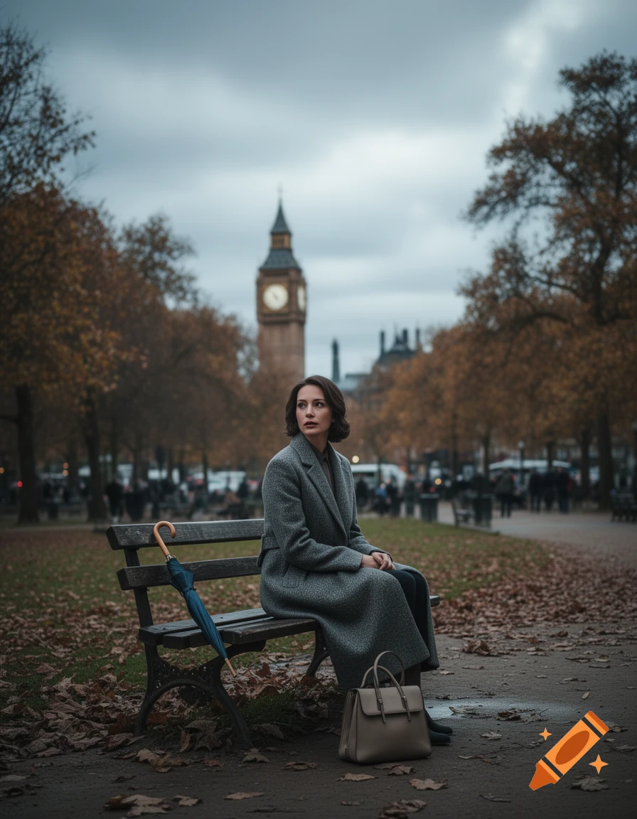 A woman in a grey coat sits on a park bench during autumn, with Big Ben in the background.