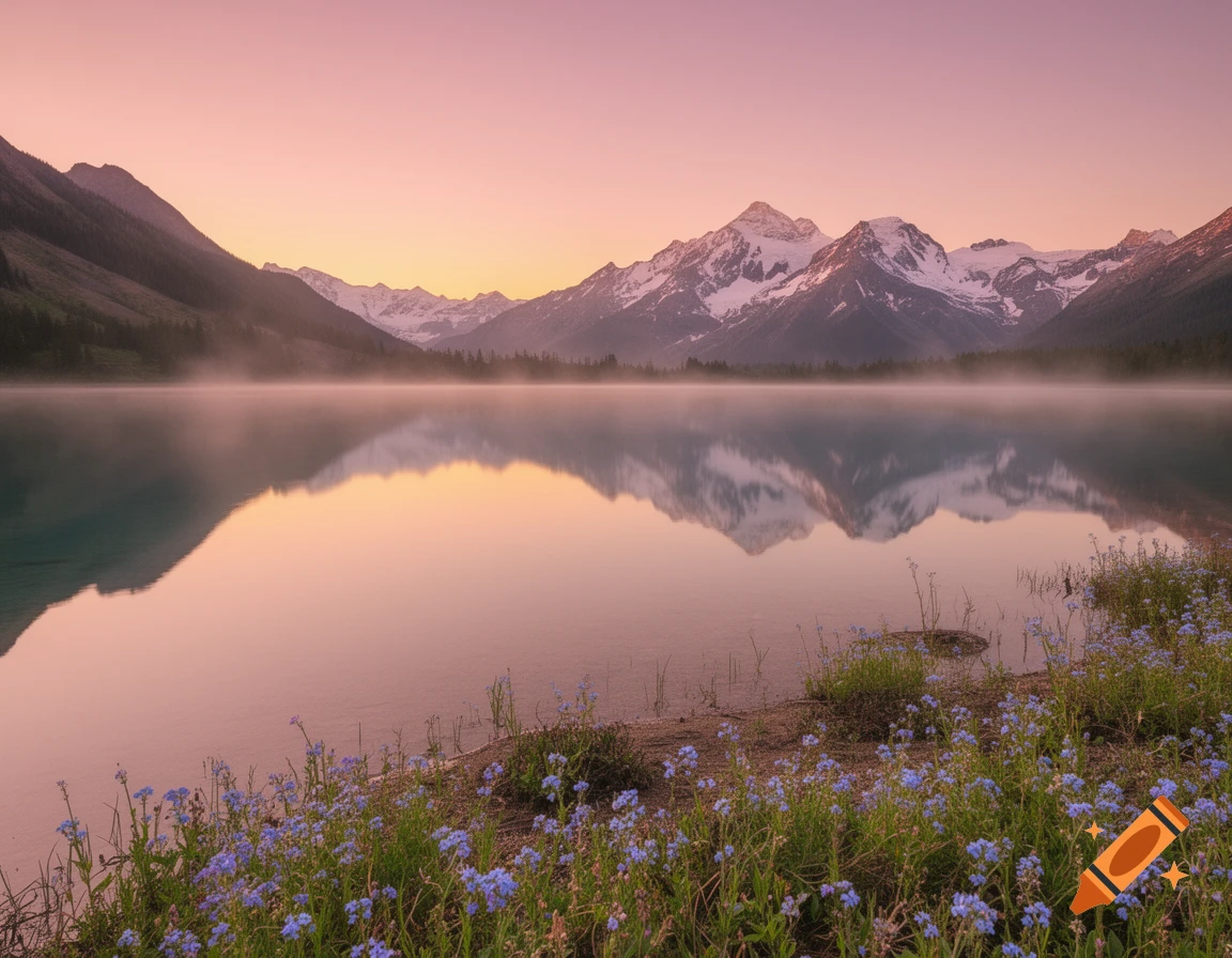 Serene mountain lake at sunrise with snow-capped peaks reflecting in calm water and blue wildflowers in the foreground.