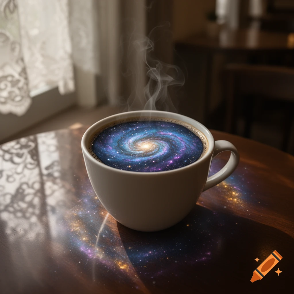 A steaming white coffee cup on a wooden table, with the liquid transformed into a vibrant, swirling galaxy.