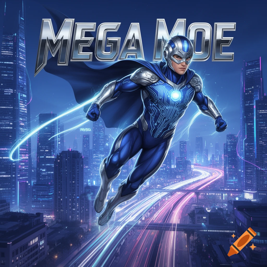 A superhero named 'MEGA MOE' in a blue and silver suit with a cape flies above a futuristic city at night, with glowing streets below.
