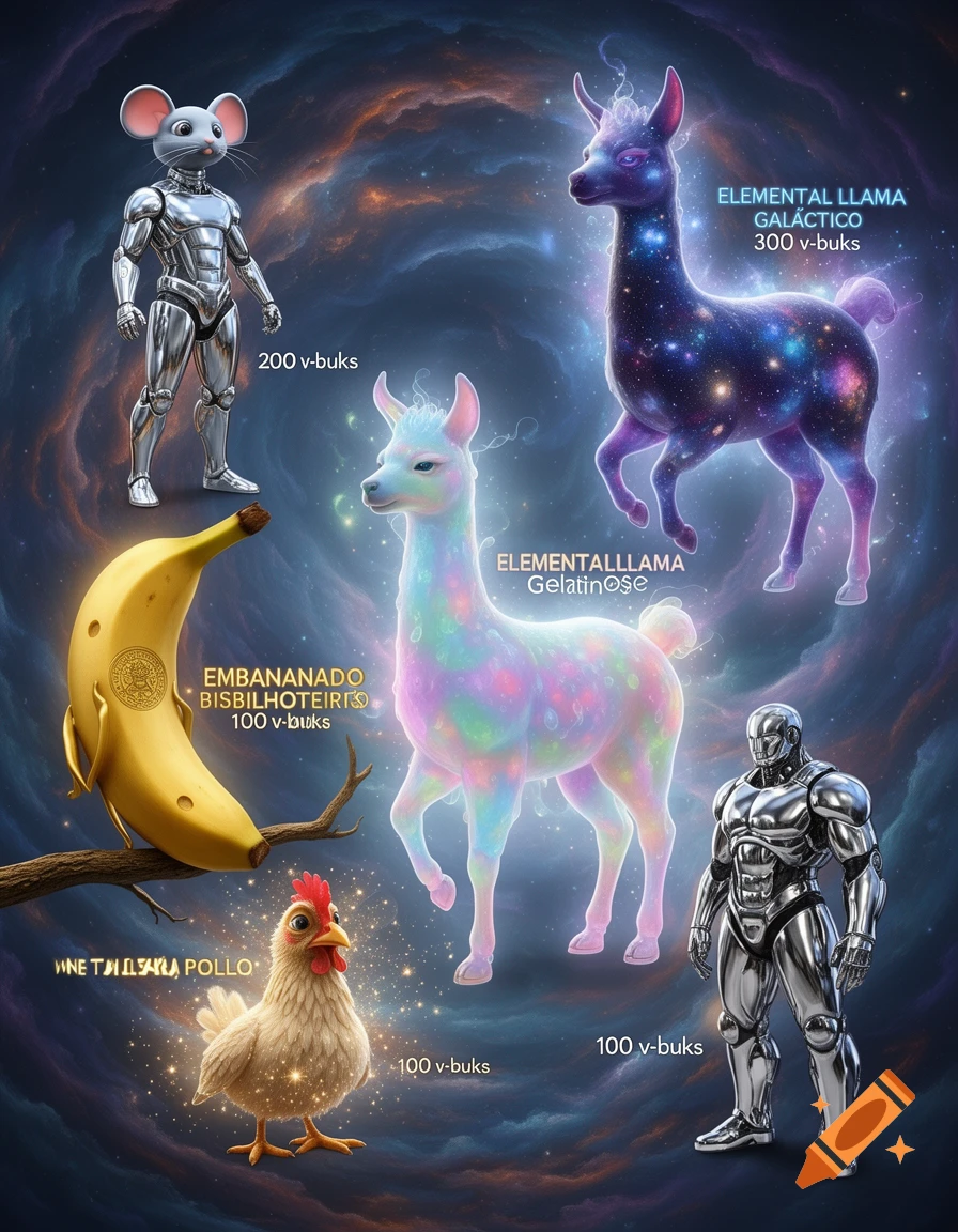 An array of fantastical characters in a cosmic setting, including a robot mouse, a galaxy llama, a glowing gelatin llama, a golden banana, a sparkling chicken, and a chrome robot.