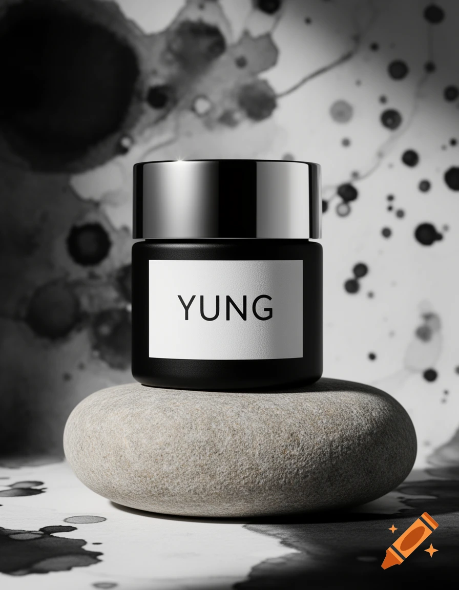 Matte black cosmetic jar with a 'YUNG' label on a stone pedestal against an abstract black and white ink-blot background.