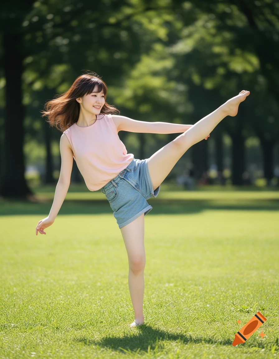 A smiling Japanese woman in a pink top and denim shorts performs a high kick on green grass in a sunny park.