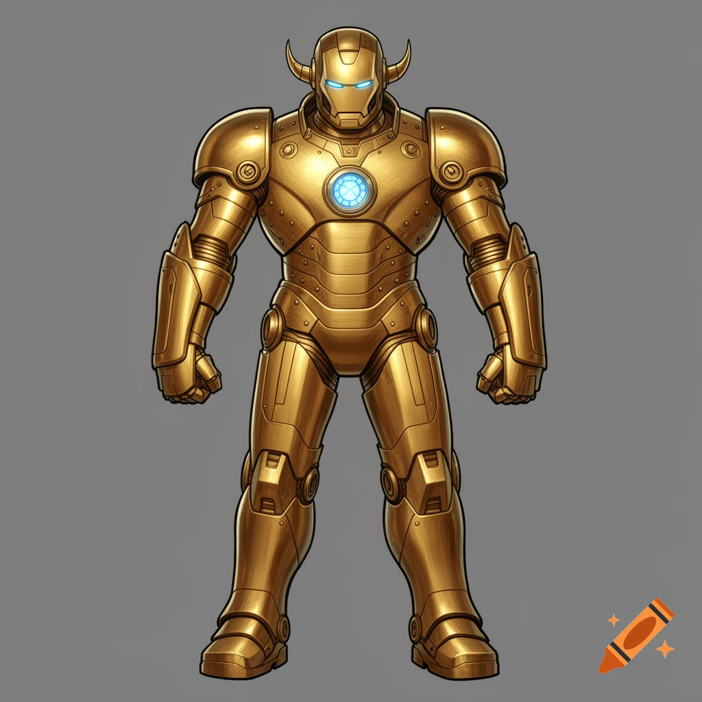 A golden, futuristic superhero armor with small horns on the helmet and a glowing blue arc reactor on the chest, against a gray background.