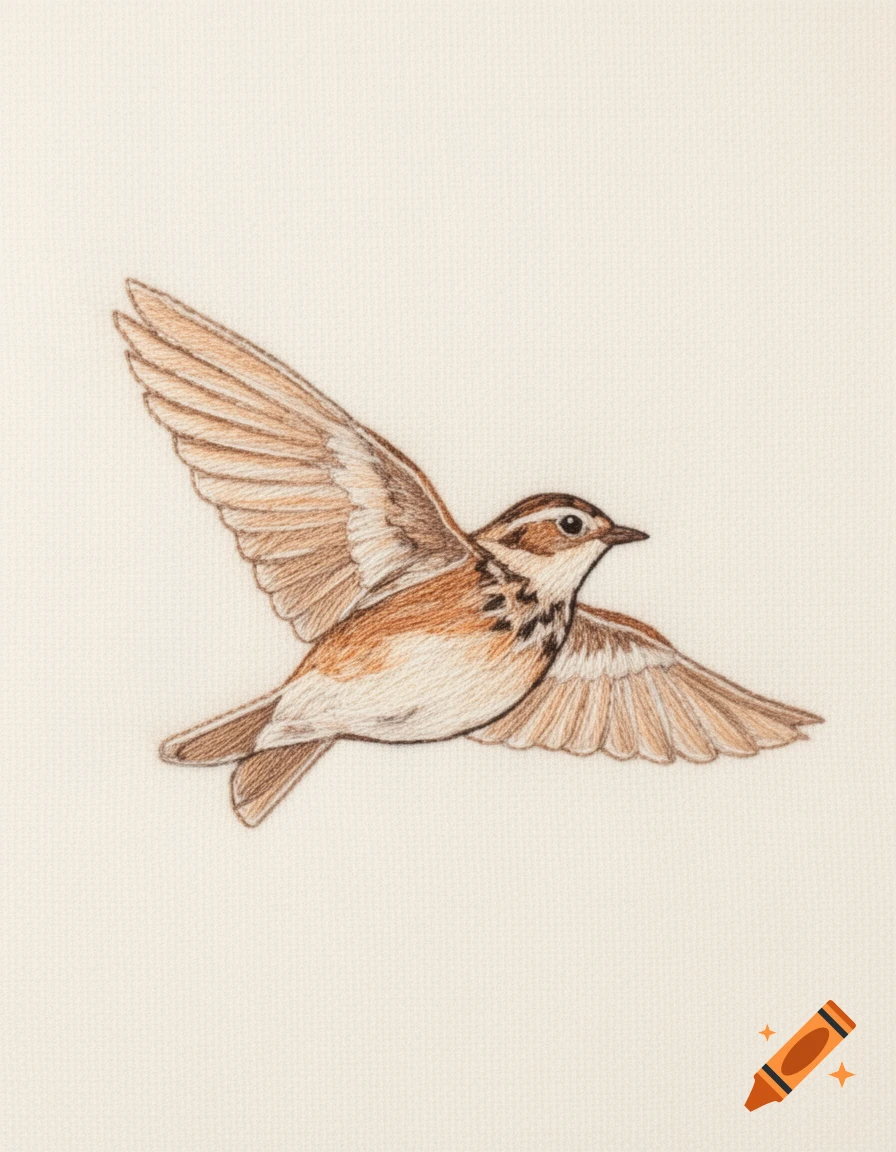 A brown and white skylark in flight, depicted in a detailed, embroidered illustration style on a textured background.