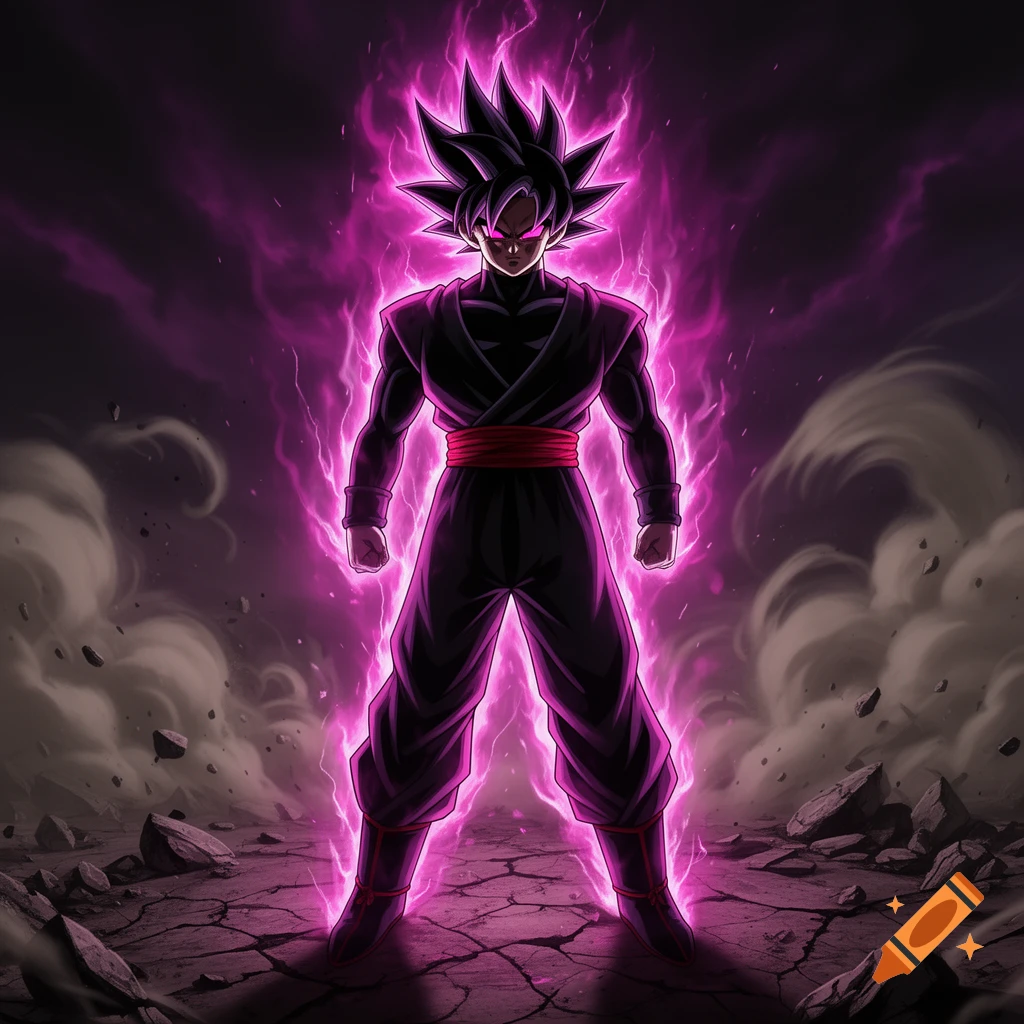 Goku Black, an anime character with spiky dark hair, stands amidst a cracked, smoky ground, engulfed in a powerful purple aura.