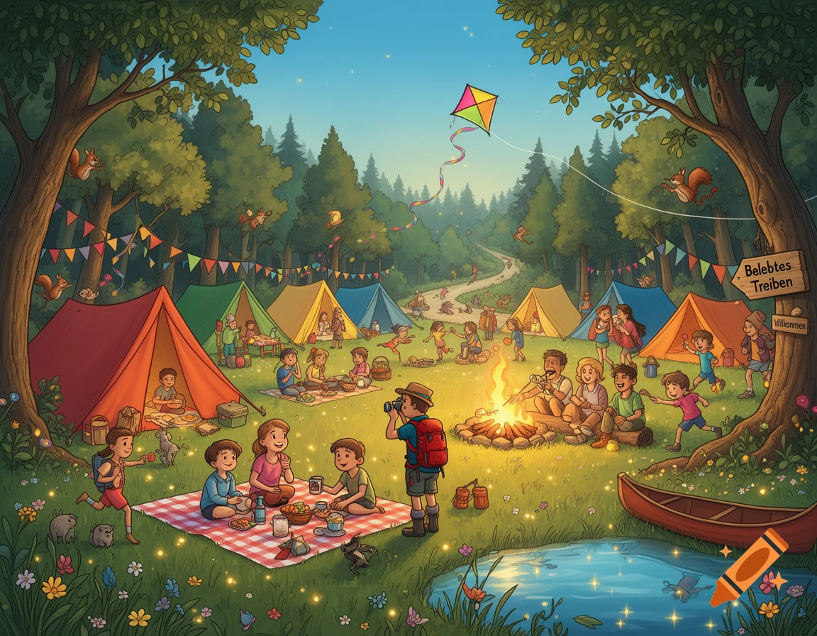 Vibrant cartoon illustration of a busy camping scene in a forest with people, tents, campfire, and a pond.
