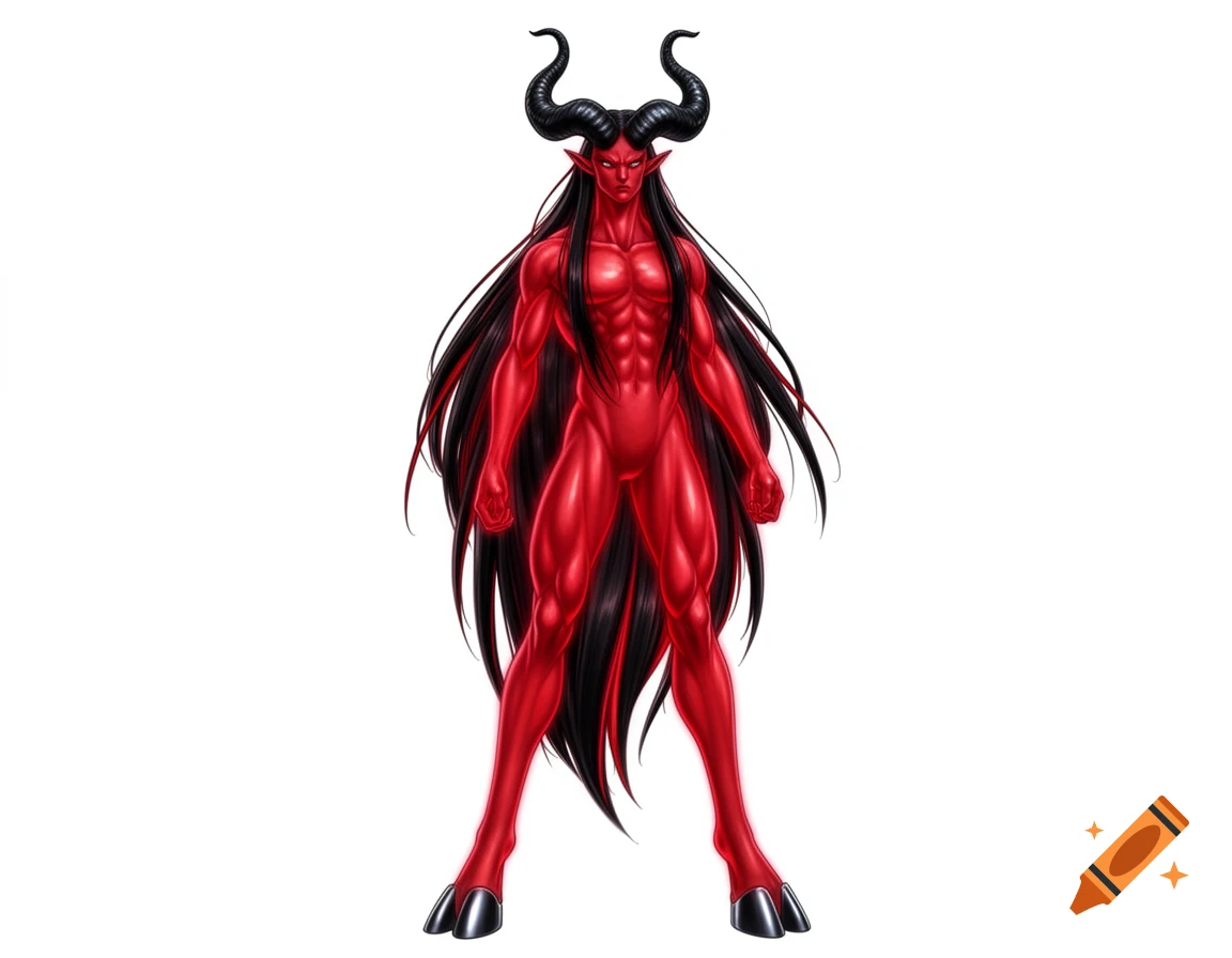 A full-body illustration of a red-skinned demonic figure with long black hair, black horns, and black hooves, standing against a white background.