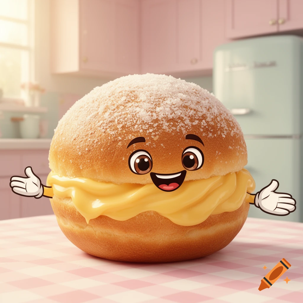 A smiling, sugar-dusted bola de berlim doughnut, filled with cream and cartoon arms, sits on a pink checkered table in a pastel kitchen.