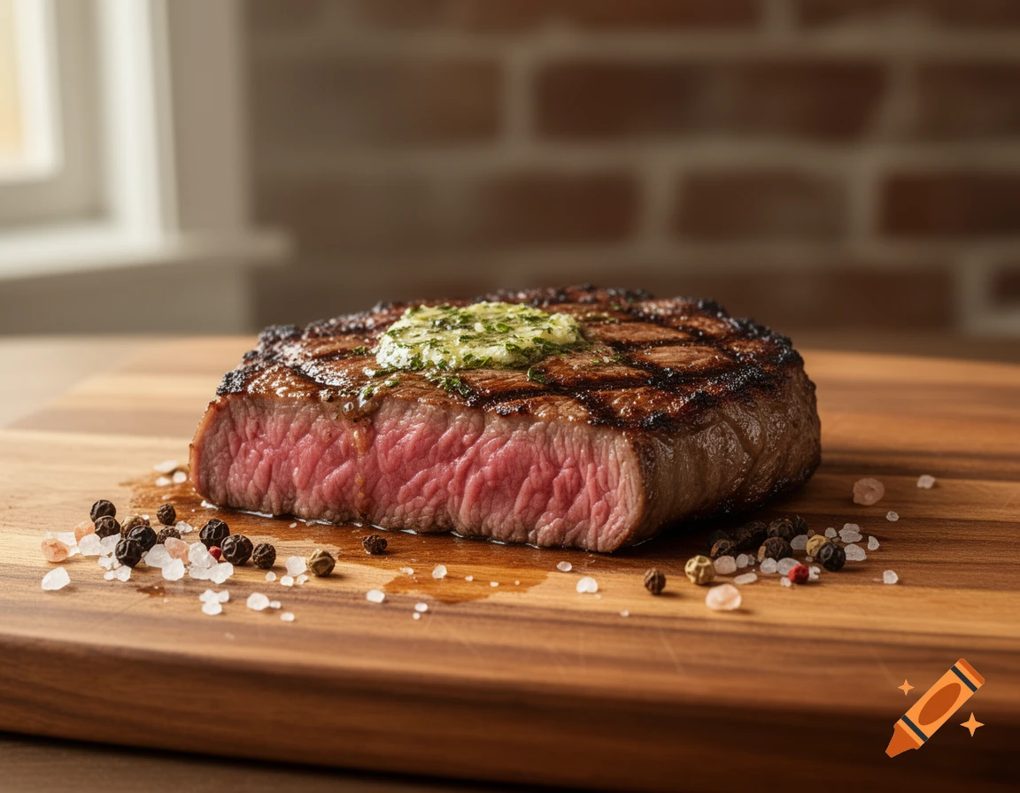 Photorealistic medium-rare steak topped with melting herb butter on a wooden cutting board, surrounded by salt and peppercorns.