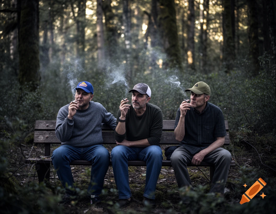 Three men in caps sit on a park bench in a forest, smoking, with smoke rising into the air, photorealistic style.