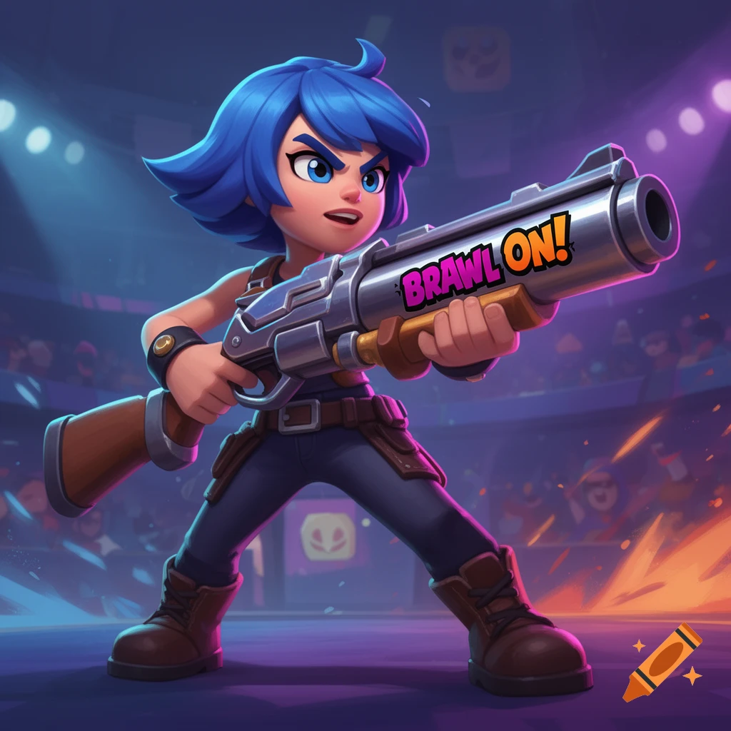 A stylized cartoon character with blue hair, Shelly from Brawl Stars, holds a large shotgun, ready for action in a brightly lit arena.