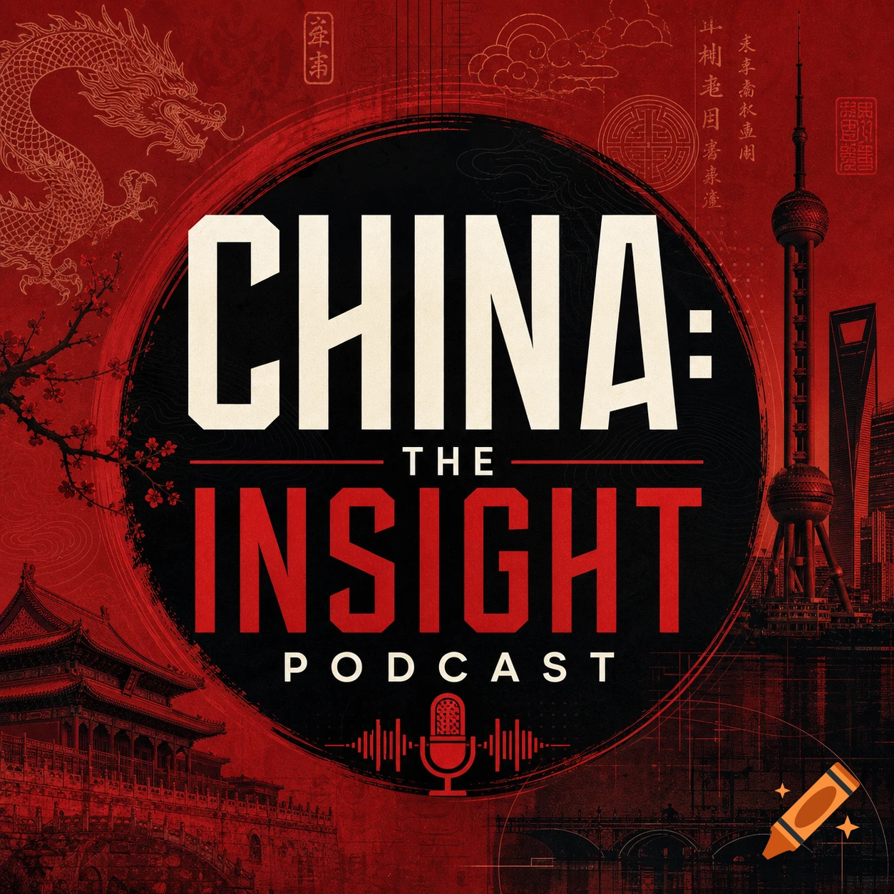 A red and black podcast logo for 'China: The Insight Podcast' featuring traditional Chinese motifs and modern architecture.