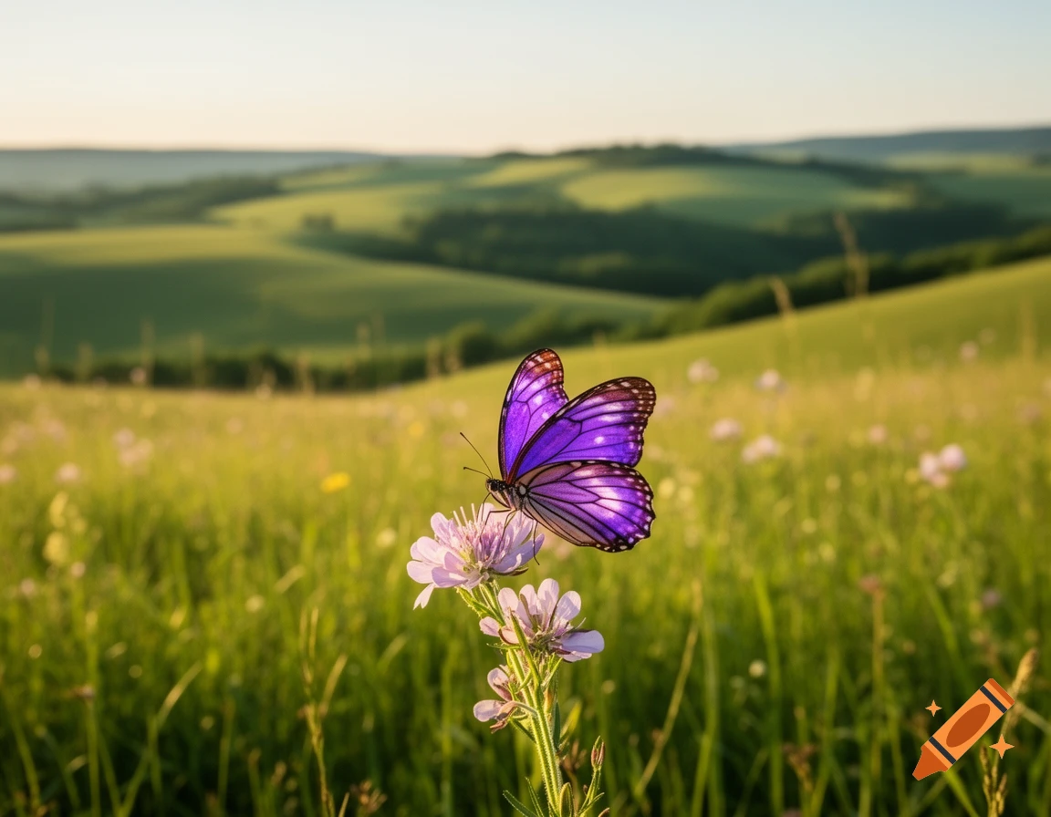 A vibrant purple butterfly on a light purple flower in a sunny green meadow.