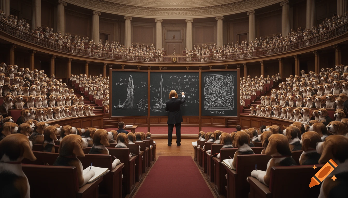 A beagle professor lectures a packed amphitheater of beagles, writing complex formulas and drawing a rocket, boat, and the Holy Grail on blackboards.