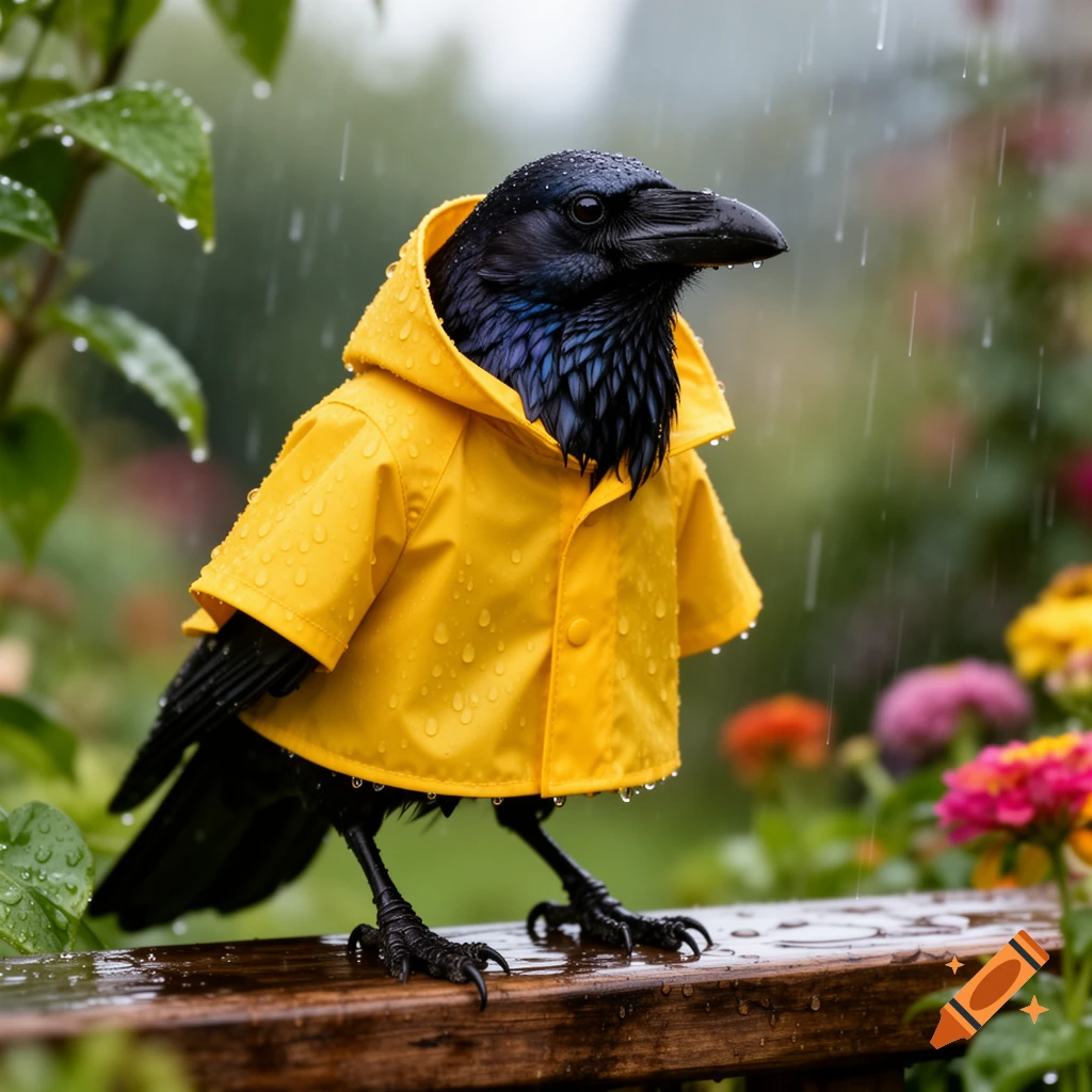 A black raven in a bright yellow raincoat stands on a wet wooden railing in the rain, with a soft background of green leaves and colorful flowers.