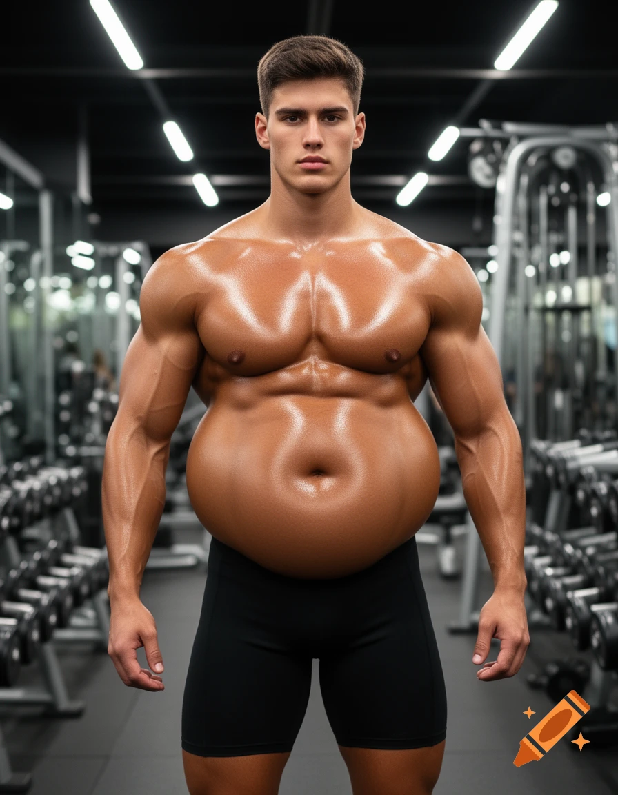 A muscular bodybuilder with a very distended "bubble gut" belly stands in a gym.