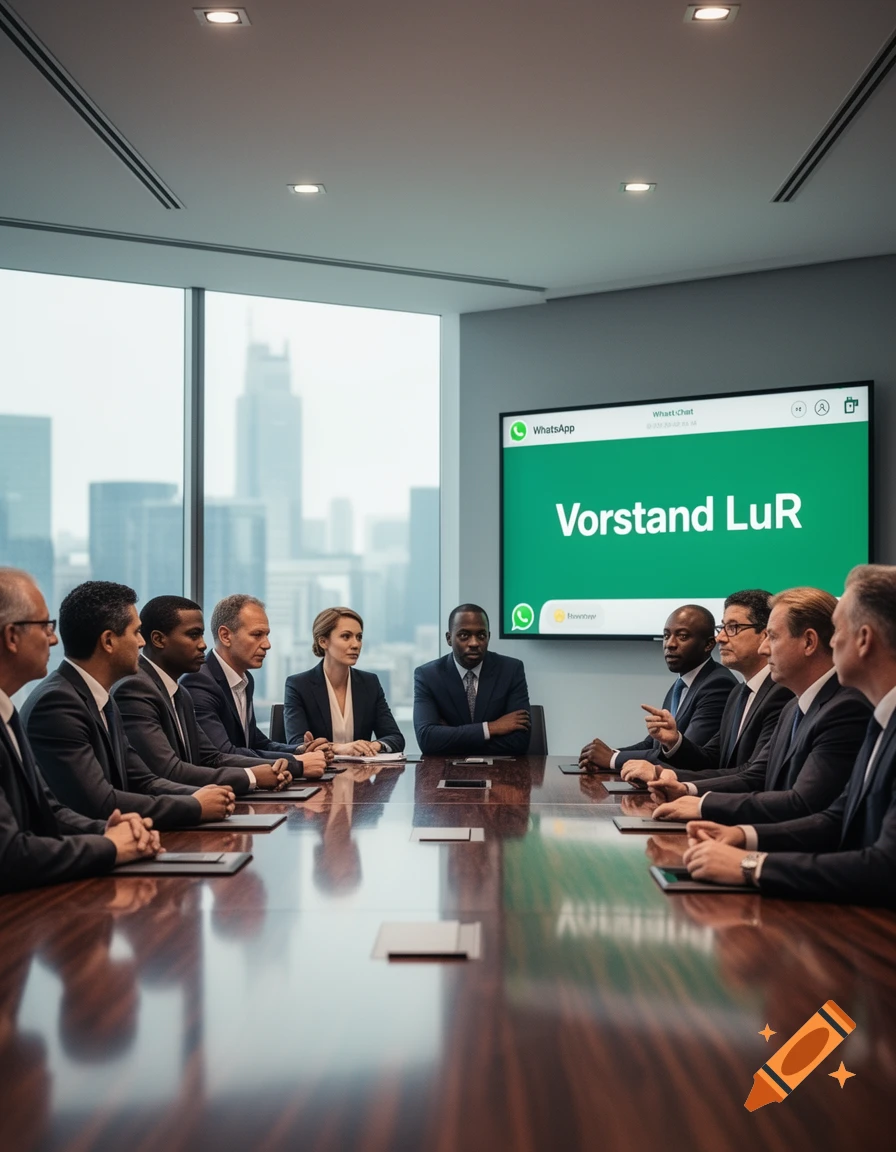 A diverse group of professionals in suits sits around a large conference table, looking at a screen displaying "WhatsApp Vorstand LuR" in a modern office with a city view.