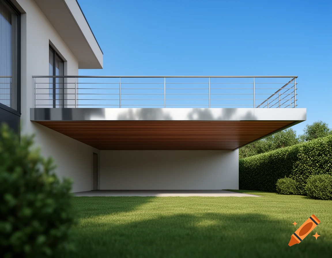 Modern house exterior with a white facade, a suspended balcony with a metal railing, green lawn, and hedge under a clear blue sky.