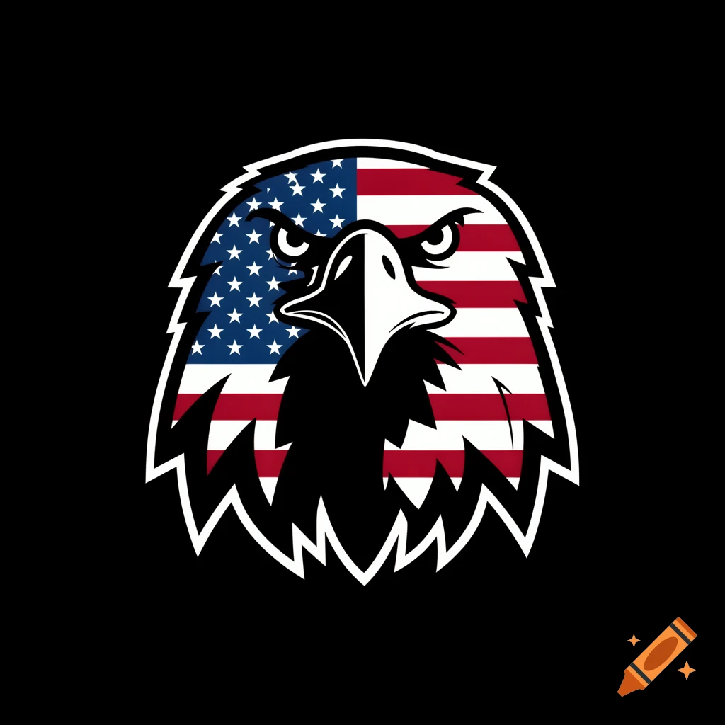 Stylized bald eagle head with an American flag pattern, front-facing on a black background.