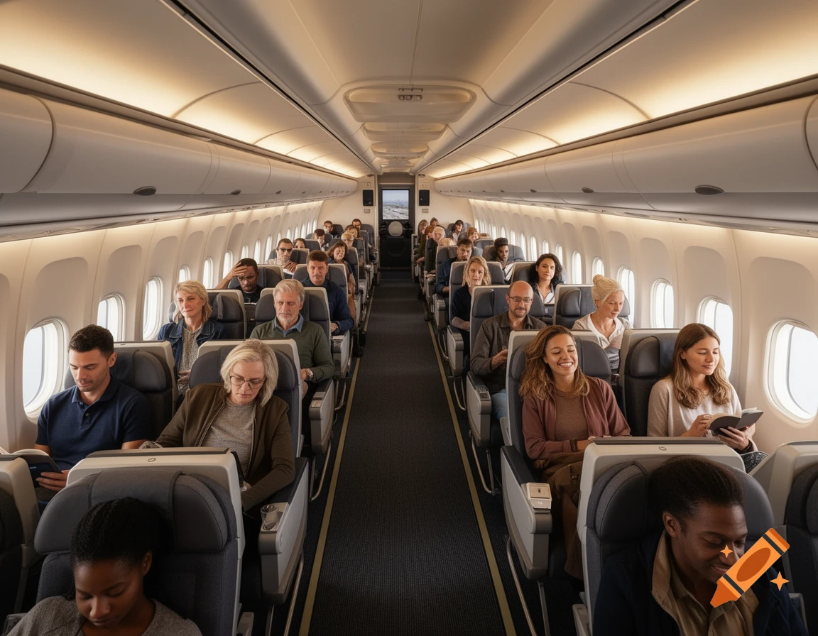 Passengers of various ages and ethnicities are seated inside a modern airplane cabin, some reading, others looking forward.