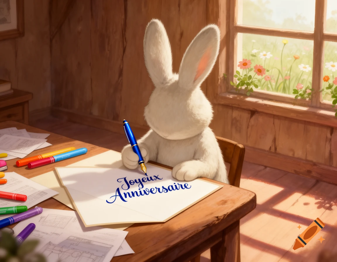 A white cartoon rabbit, seen from the back, writes "Joyeux Anniversaire" with a blue fountain pen at a wooden desk by a sunny window.