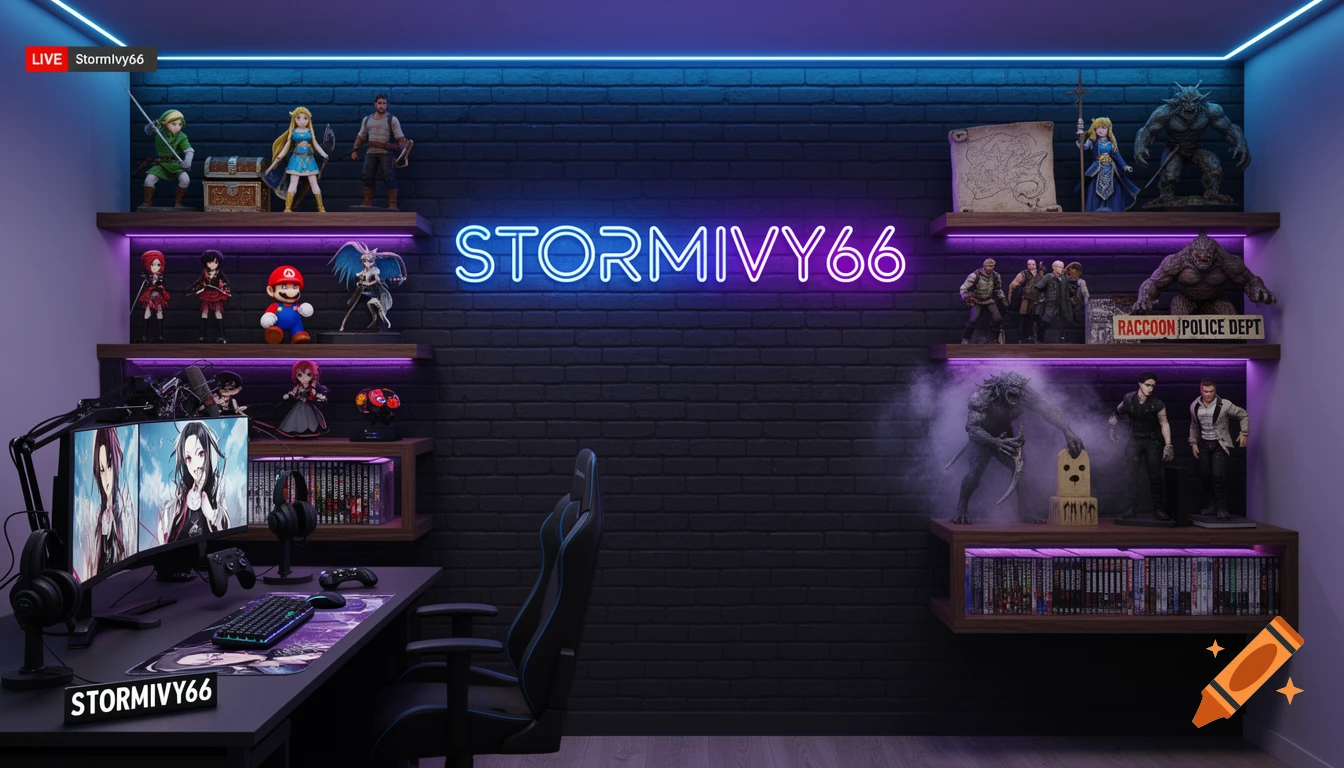 A photorealistic gaming stream room with a dark brick wall, blue and purple LED strips, and shelves displaying various video game and anime figurines, including Zelda, Mario, and Resident Evil characters. A neon sign "STORMIVY66" illuminates the wall, and a gaming desk with dual monitors, keyboard, mouse, and microphone is on the left.