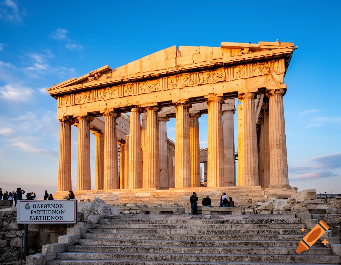 The ancient Parthenon temple in Athens, Greece, bathed in sunlight, with steps and distant visitors.