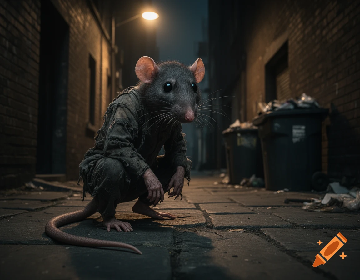 A photorealistic anthropomorphic rat in ragged clothing squats in a dark, gritty alleyway illuminated by a street lamp.