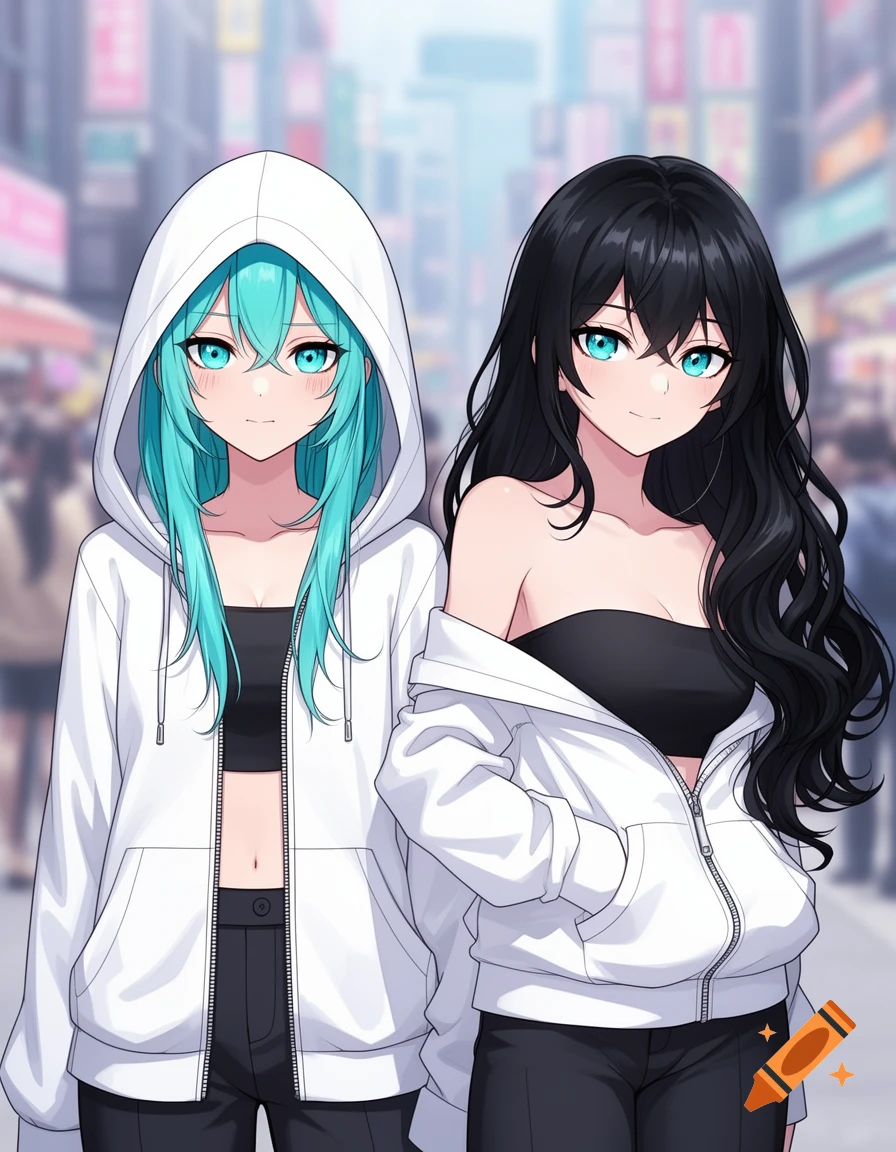 Two anime girls, one with teal hair, the other with black hair, in white hoodies and black tops, standing on a blurry city street.