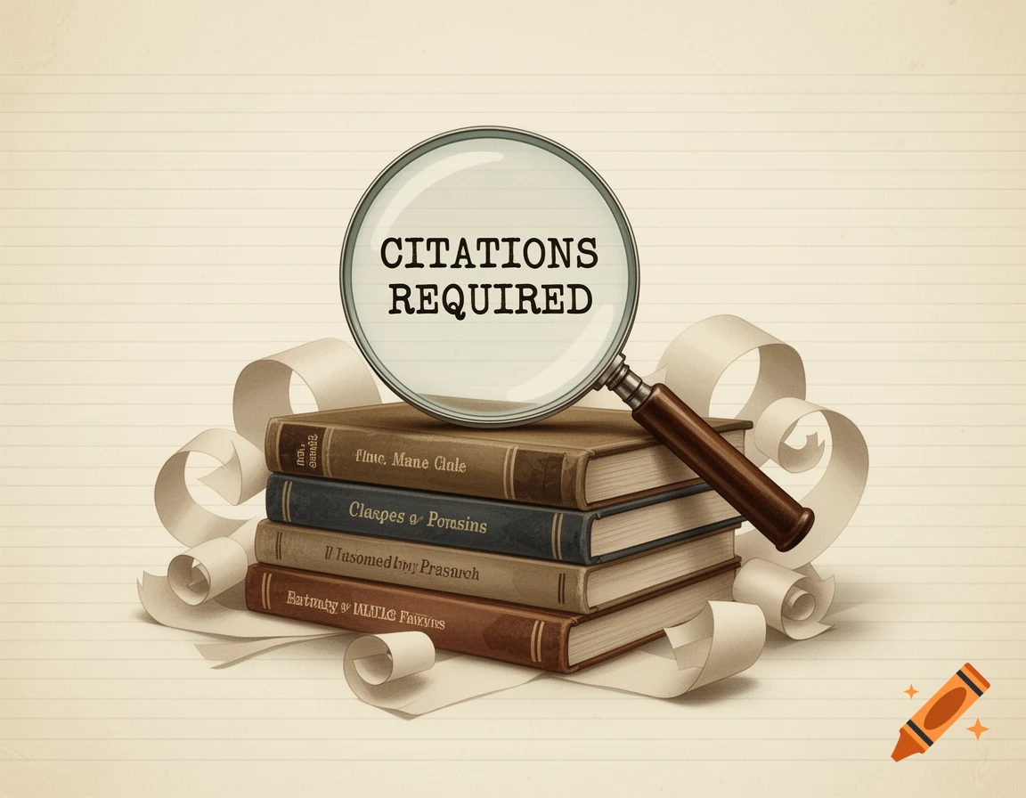 A stylized illustration featuring a magnifying glass over a stack of old books, with "CITATIONS REQUIRED" clearly visible through the lens. Paper scrolls surround the books, all on a lined paper background.