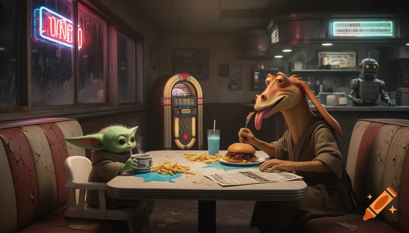 Grogu and Jar Jar Binks in a gritty, rundown diner. Grogu sips from a cup while Jar Jar eats a burger with his tongue, surrounded by fries and spilled blue milk.