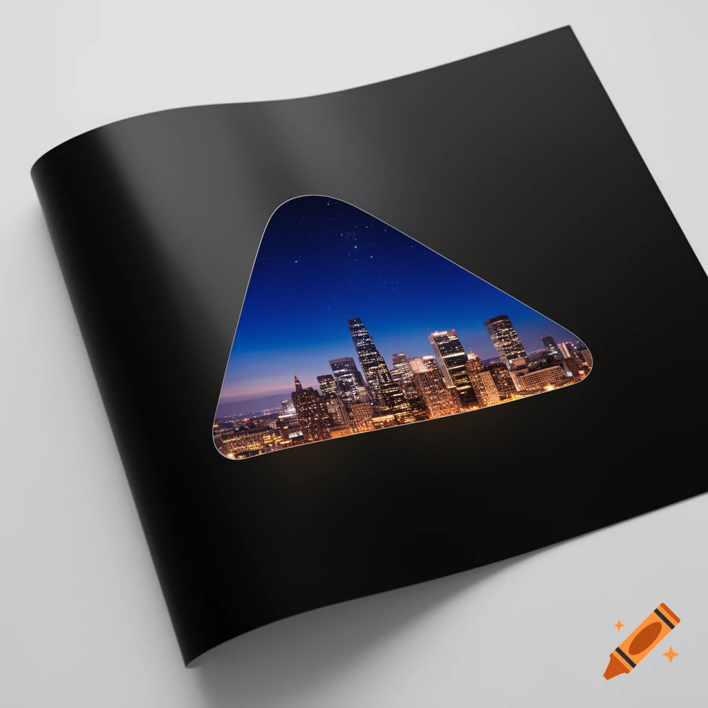 Black paper with a rounded triangle cutout revealing a brightly lit cityscape at night under a starry blue sky.